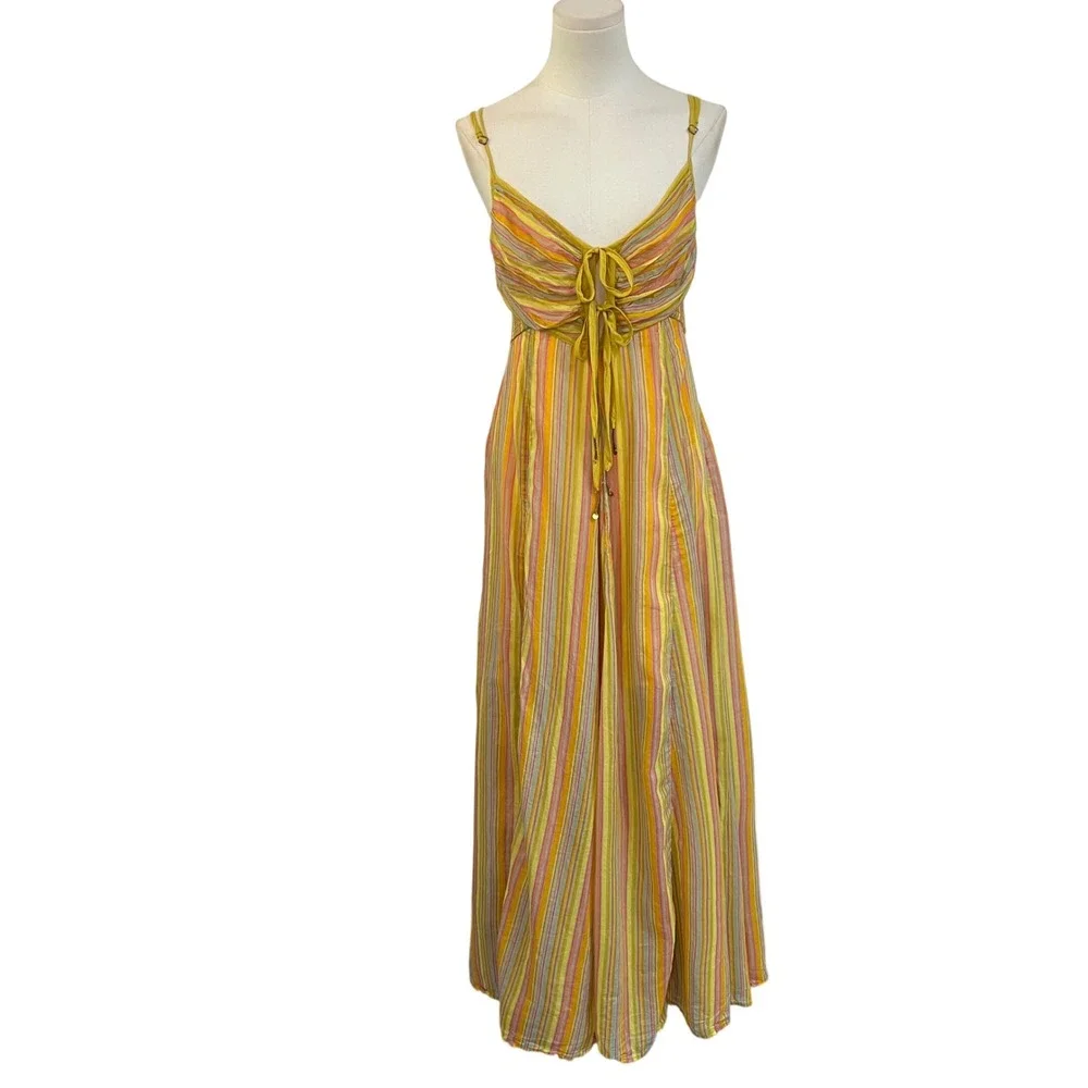 Free People Yellow Striped Cotton Dream Weaver Maxi Boho Sundress Size M - Picture 2 of 9